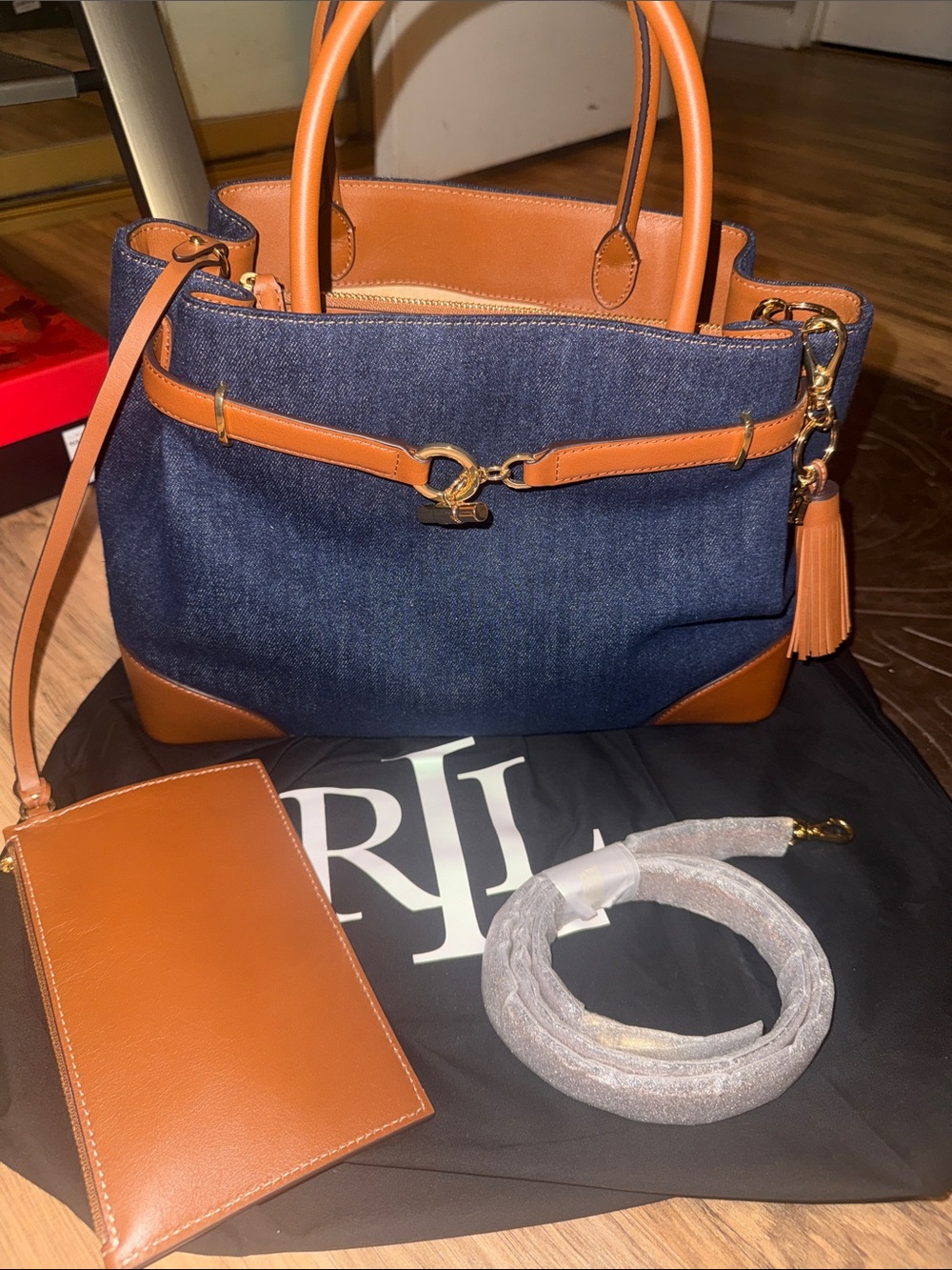 Ralph Lauren Blaike Large Belted Denim Handled Satchel Bag